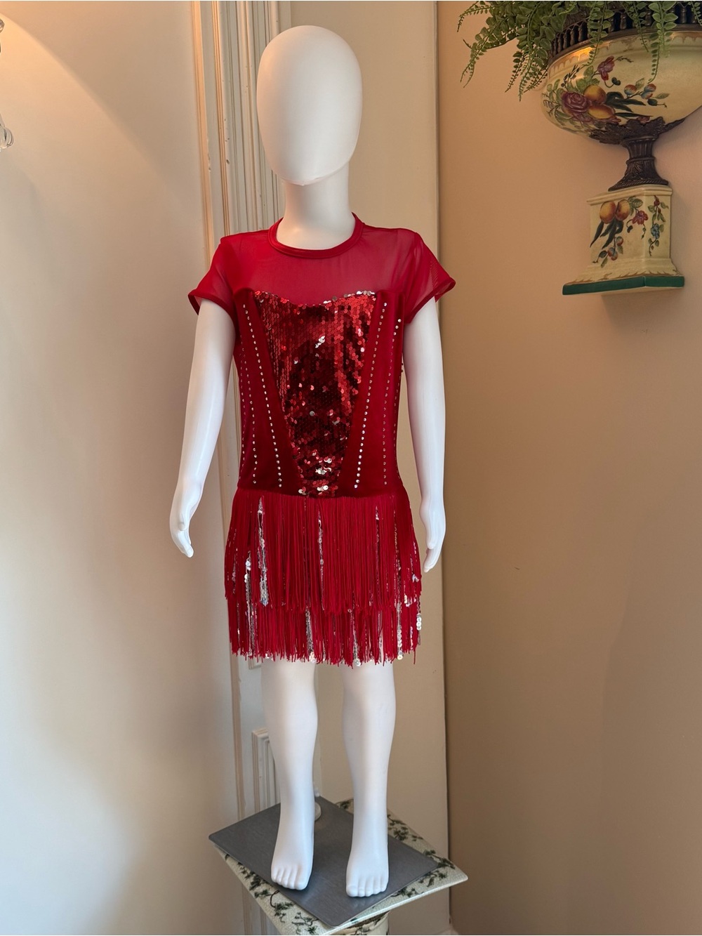 Girls Red Sequin Fringe Dance Costume Large Child Jazz Tap Flapper Weissman